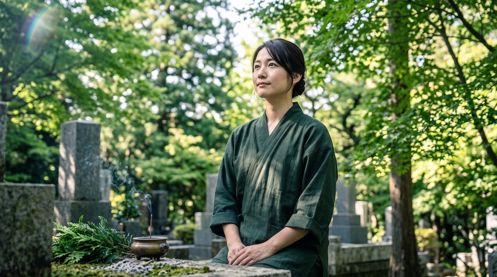 感謝の表情で手を合わせるお墓参り
