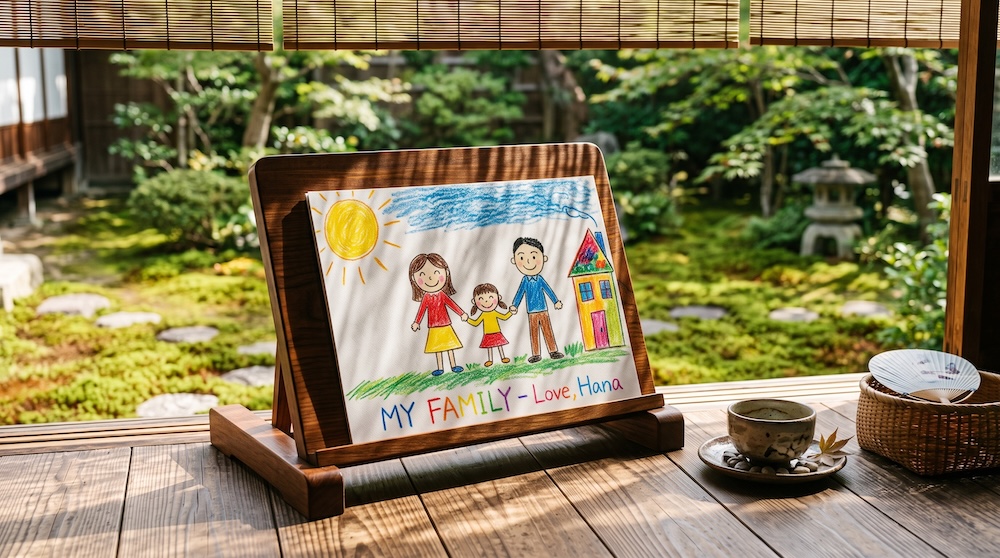 仏前に供えられた子どもの似顔絵