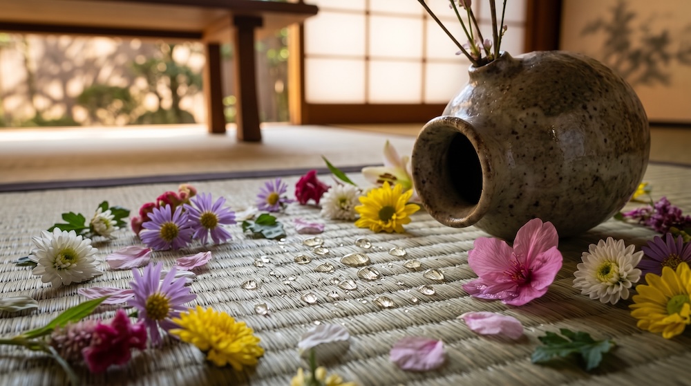 畳にこぼれた仏花の水滴と傾いた花瓶
