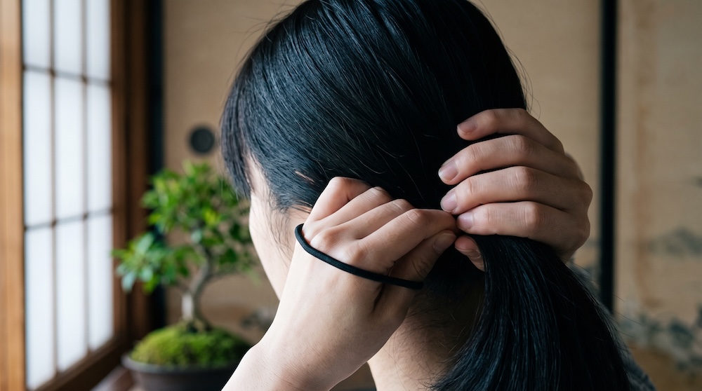 耳より下の位置で髪を束ねる様子