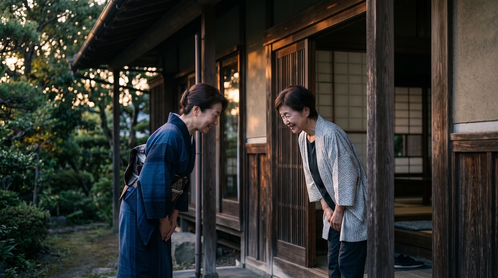 お盆の時期に玄関先で挨拶を交わす様子