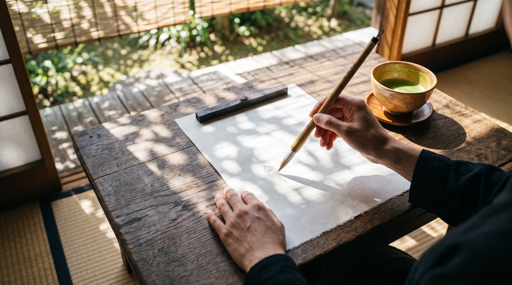 薄墨の筆を握り香典袋の表書きをする手元