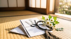 香典の御霊前と数珠に添えられた白菊